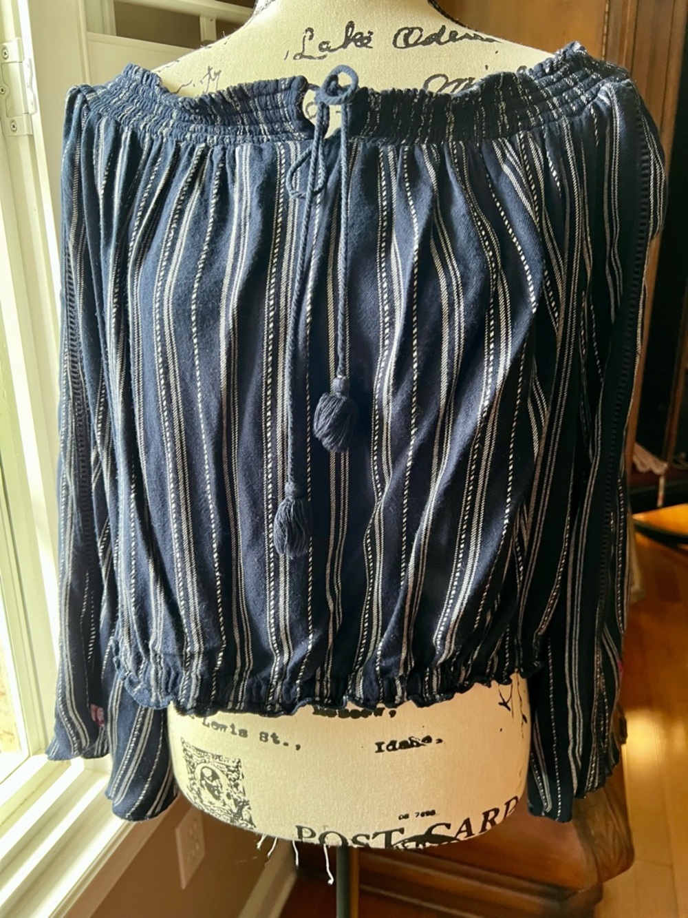 Xhilaration Navy and White Striped Off-Shoulder Top